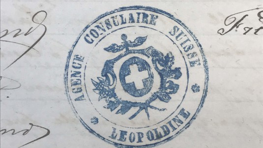 The office stamp Agence Consulaire Suisse – Leopoldine was used for the colonial administration from the Swiss Vice consulate, which was placed on the Colônia Leopoldina from 1862 onwards. © Federal Swiss Archives