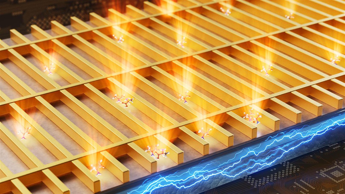 A metasurface of gold nanowires drives quantum light emission and concentrates the resulting light waves to detect biomolecules. 2025 Ella Maru Studio/BIOS EPFL CC BY SA 4.0 A metasurface of gold nanowires drives quantum light emission and concentrates the resulting light waves to detect biomolecules. 2025 Ella Maru Studio/BIOS EPFL CC BY SA 4.0
